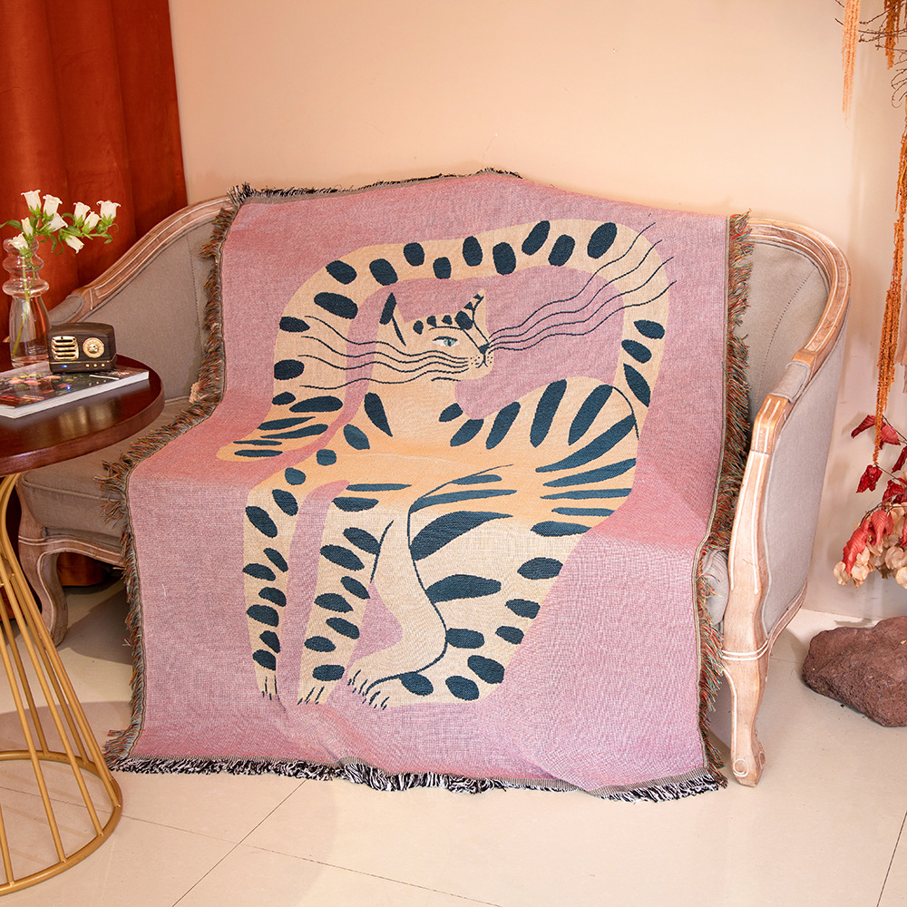 Boho Throw Blanket Fringe - Textile City Ins Pink Girl Cat